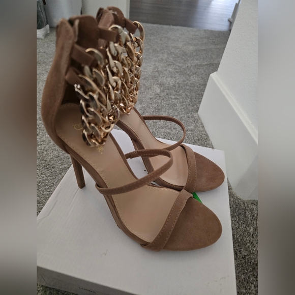 Taupe Two Part Stiletto Heeled Chain Sandals - Picture 8 of 10